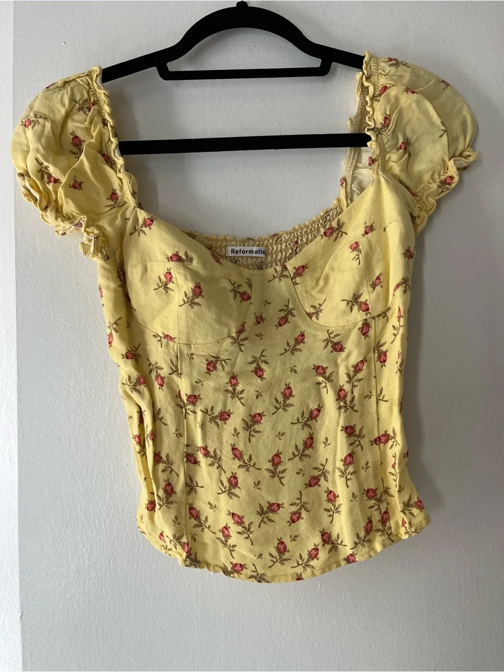 Reformation Jewel Yellow Floral Puff-Sleeve Blouse